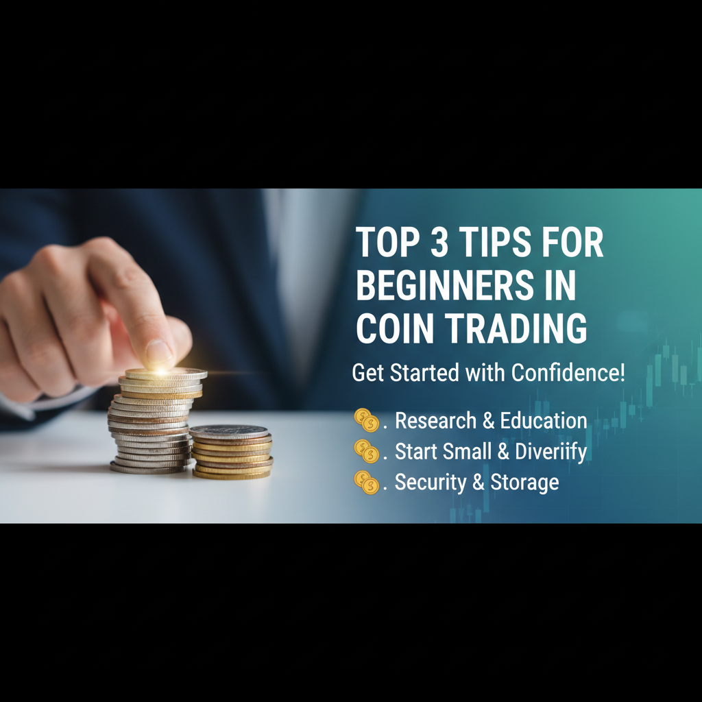 Professional blog header image for article titled: Top 3 Tips for Beginners in Coin Trading: Get Started with Confidence!. High quality, relevant imagery, clean composition.