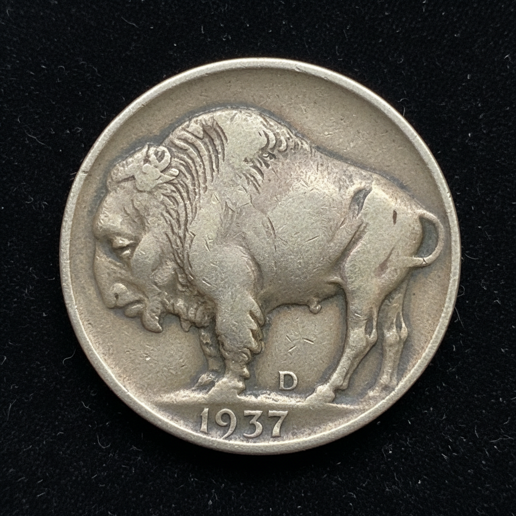 1937-D three legged Buffalo nickel close